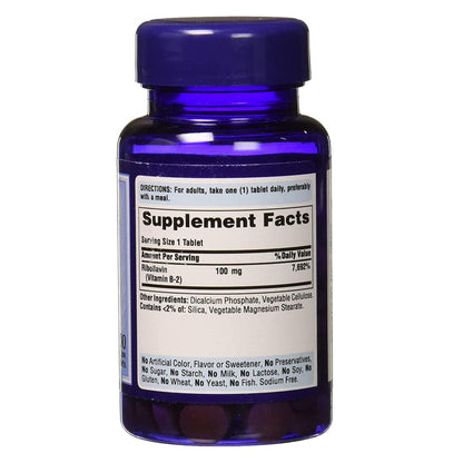 High potency Vitamin B2 100 Milligram vegetarian supplement bottle showcasing gluten free certification.