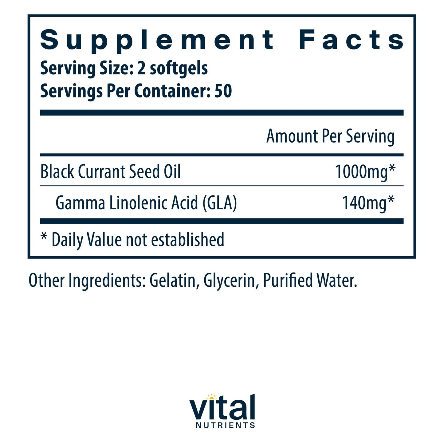 Close up of Vital Nutrients Black Currant Seed Oil softgel bottle label