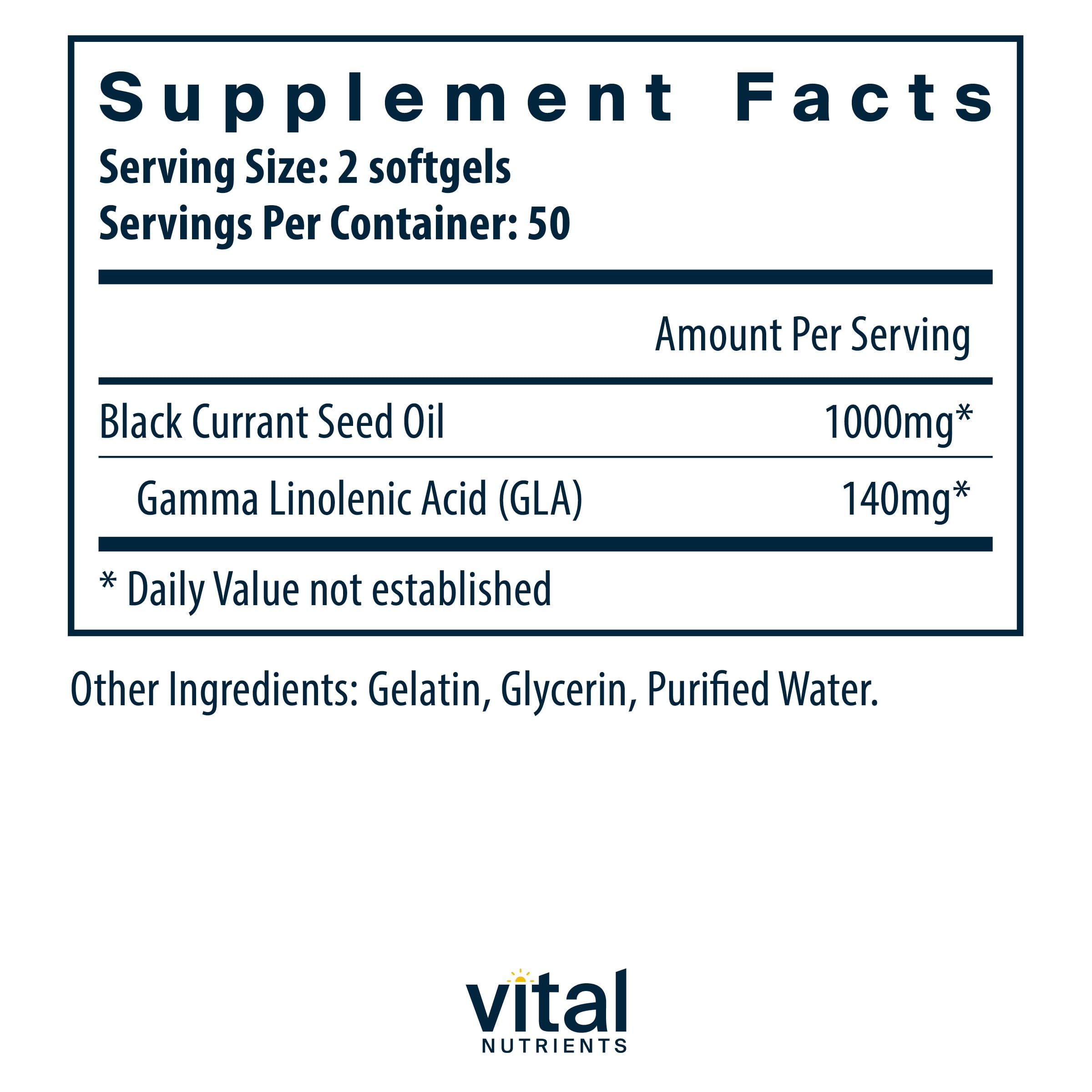 Close up of Vital Nutrients Black Currant Seed Oil softgel bottle label