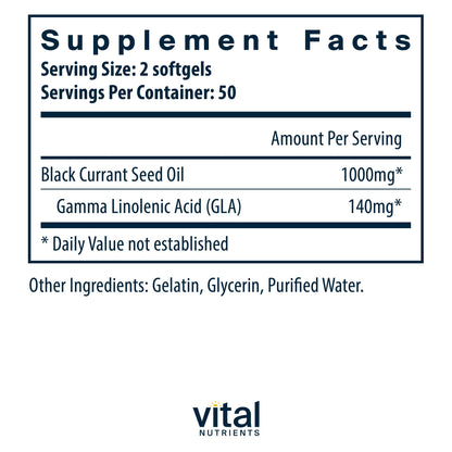 Close up of Vital Nutrients Black Currant Seed Oil softgel bottle label
