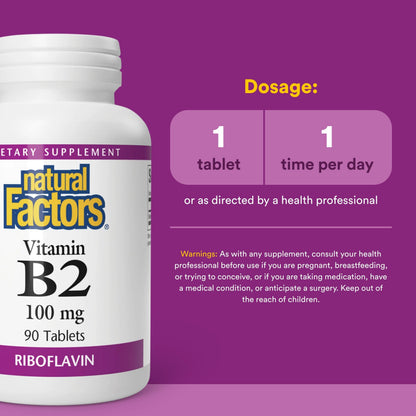 Natural Factors Riboflavin 100 mg product packaging detailed supplement facts and vegan certification logo