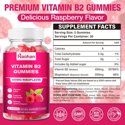 Haohan sugar free riboflavin 400mg dietary supplement bottle showing raspberry flavor label.