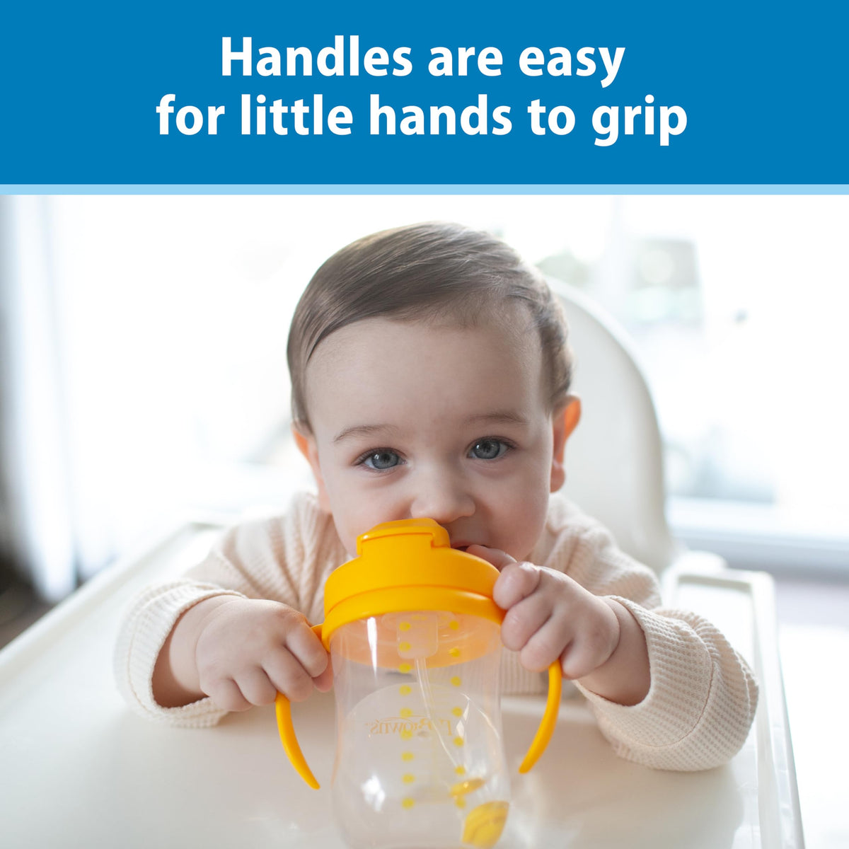 Two pack set of Dr. Brown's Milestones sippy cups in retro blue and yellow colors.