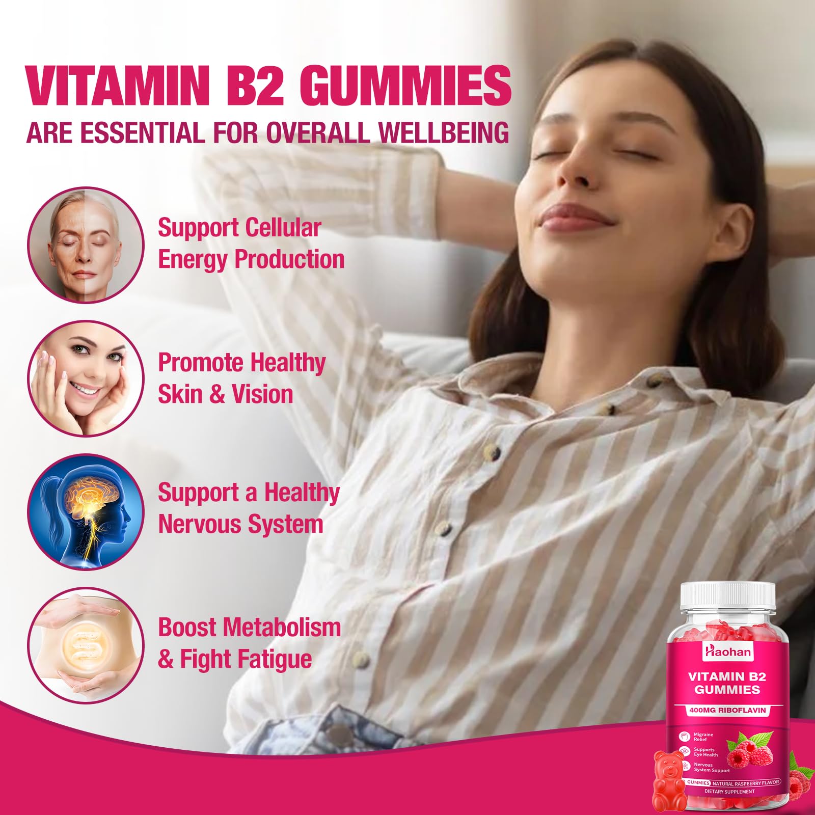 Haohan vegan Vitamin B2 gummies with magnesium for nervous system support nutrition facts.