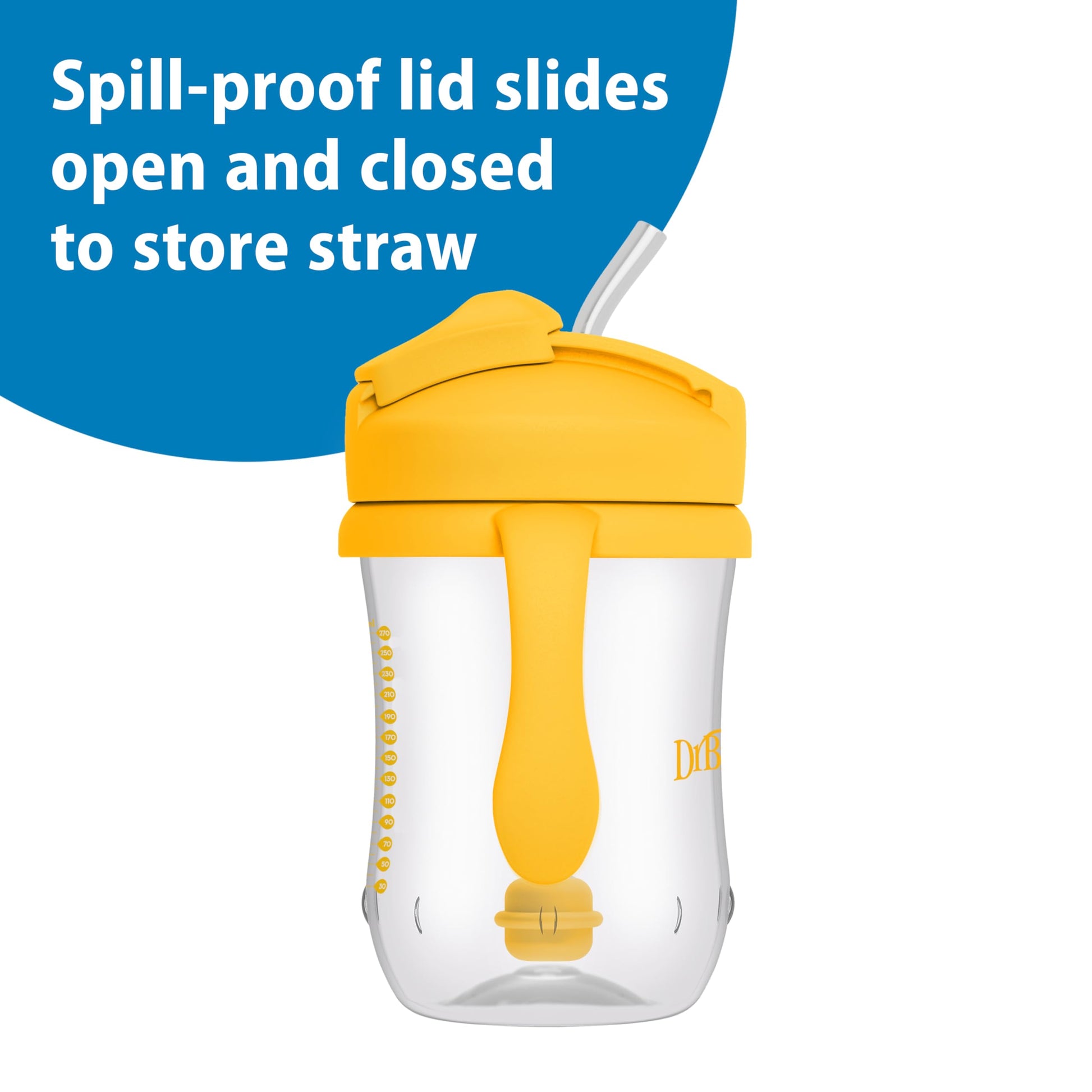 Side view highlighting the contoured shape of the Dr. Brown's first straw cup for easy holding.
