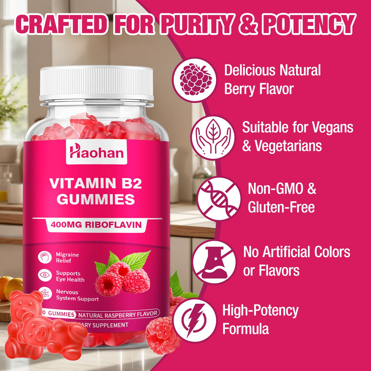 Haohan high potency riboflavin chewable gummy bears close up shot.