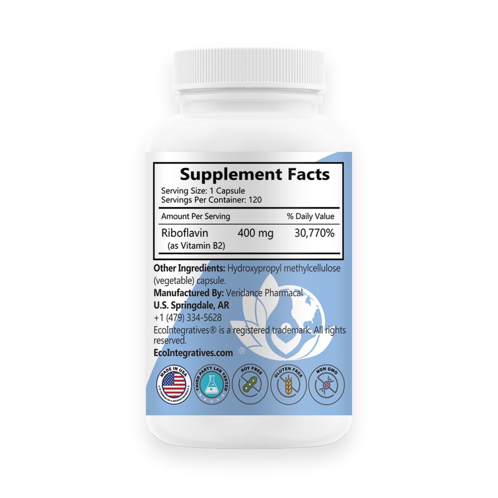 EcoIntegratives Vitamin B2 400 mg supplement facts label displaying pure riboflavin ingredients.