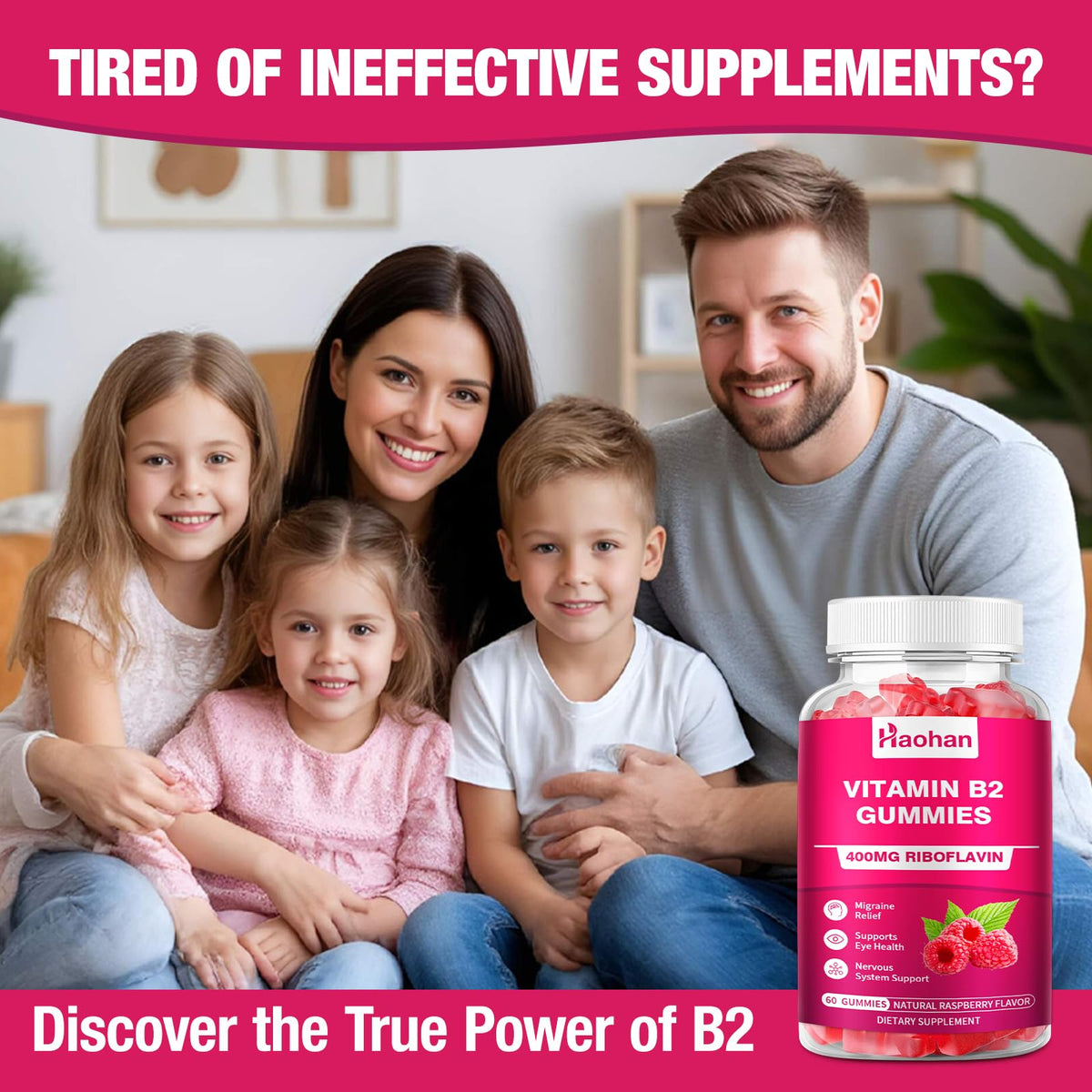 Haohan Vitamin B2 400mg bottle with 120 count raspberry gummies displayed clearly.