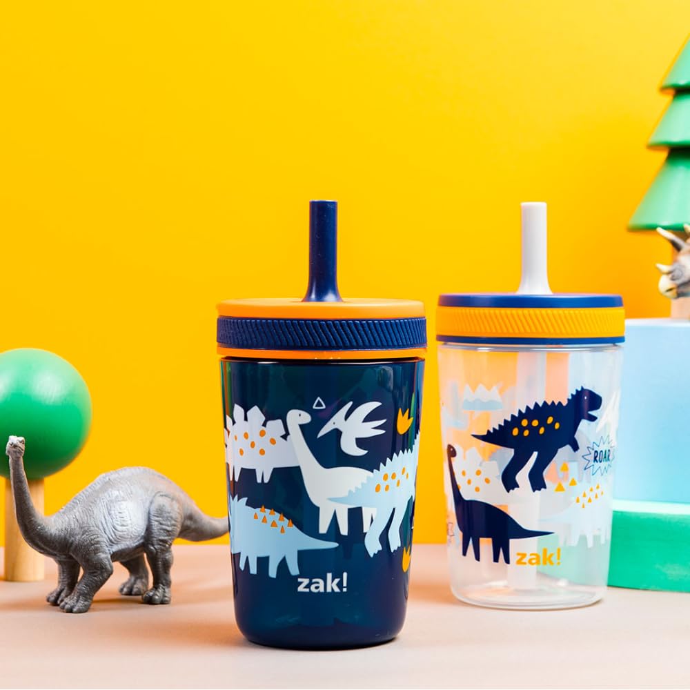 Zak Designs leak proof sippy cups showing the orange lid and blue silicone straw