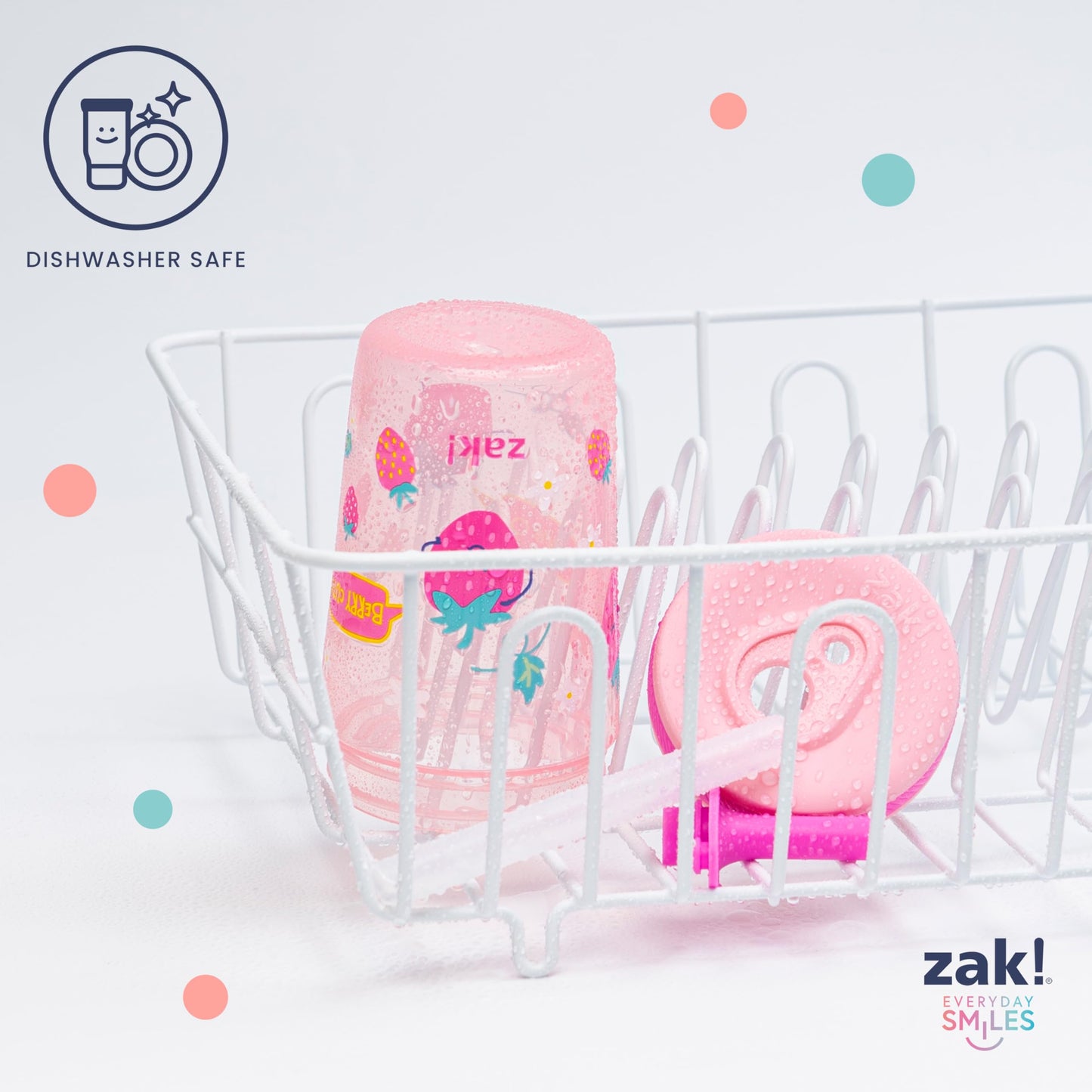 USA imported Zak Designs toddler straw cups side view detailing the secure lid sealing