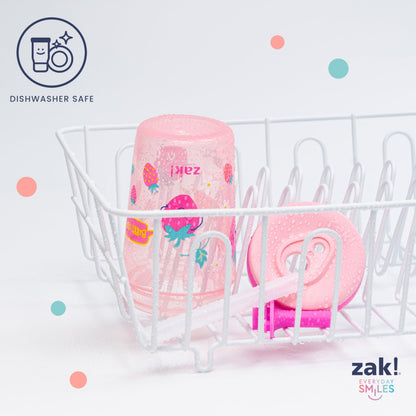 USA imported Zak Designs toddler straw cups side view detailing the secure lid sealing