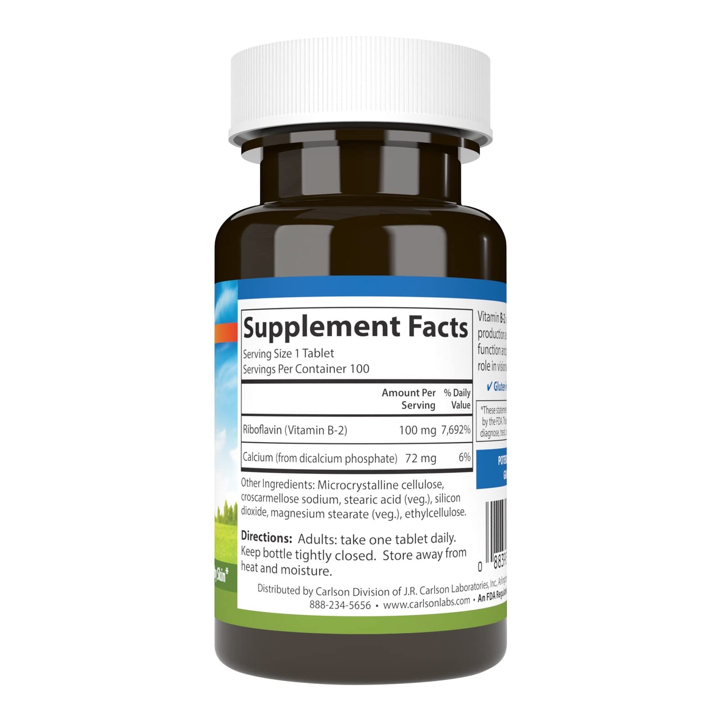 Carlson Vitamin B2 riboflavin 100 mg supplement label showing vegetarian ingredients and dosage details