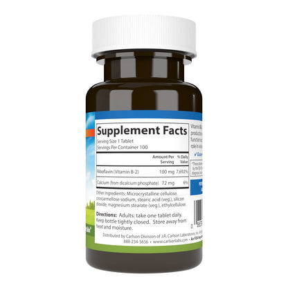 Carlson Vitamin B2 riboflavin 100 mg supplement label showing vegetarian ingredients and dosage details