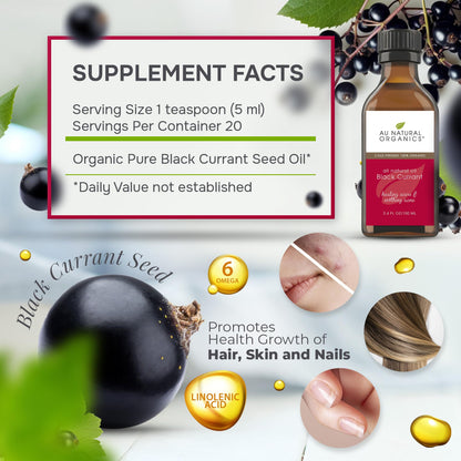 Side view of 100ml black currant seed oil cold pressed bottle