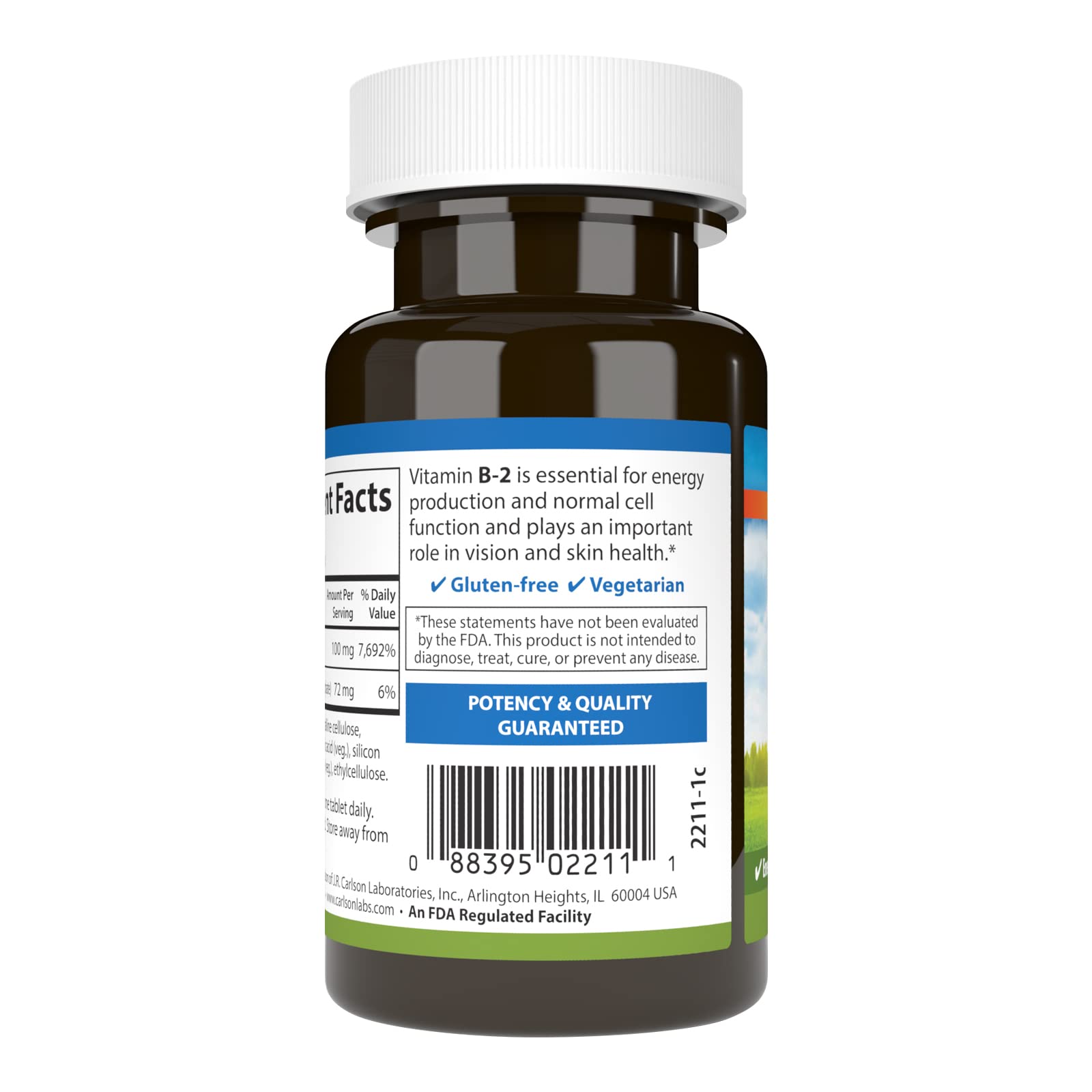 Side view of Carlson Vitamin B2 100 mg bottle highlighting cellular energy production and vision benefits