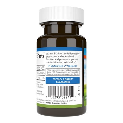 Side view of Carlson Vitamin B2 100 mg bottle highlighting cellular energy production and vision benefits