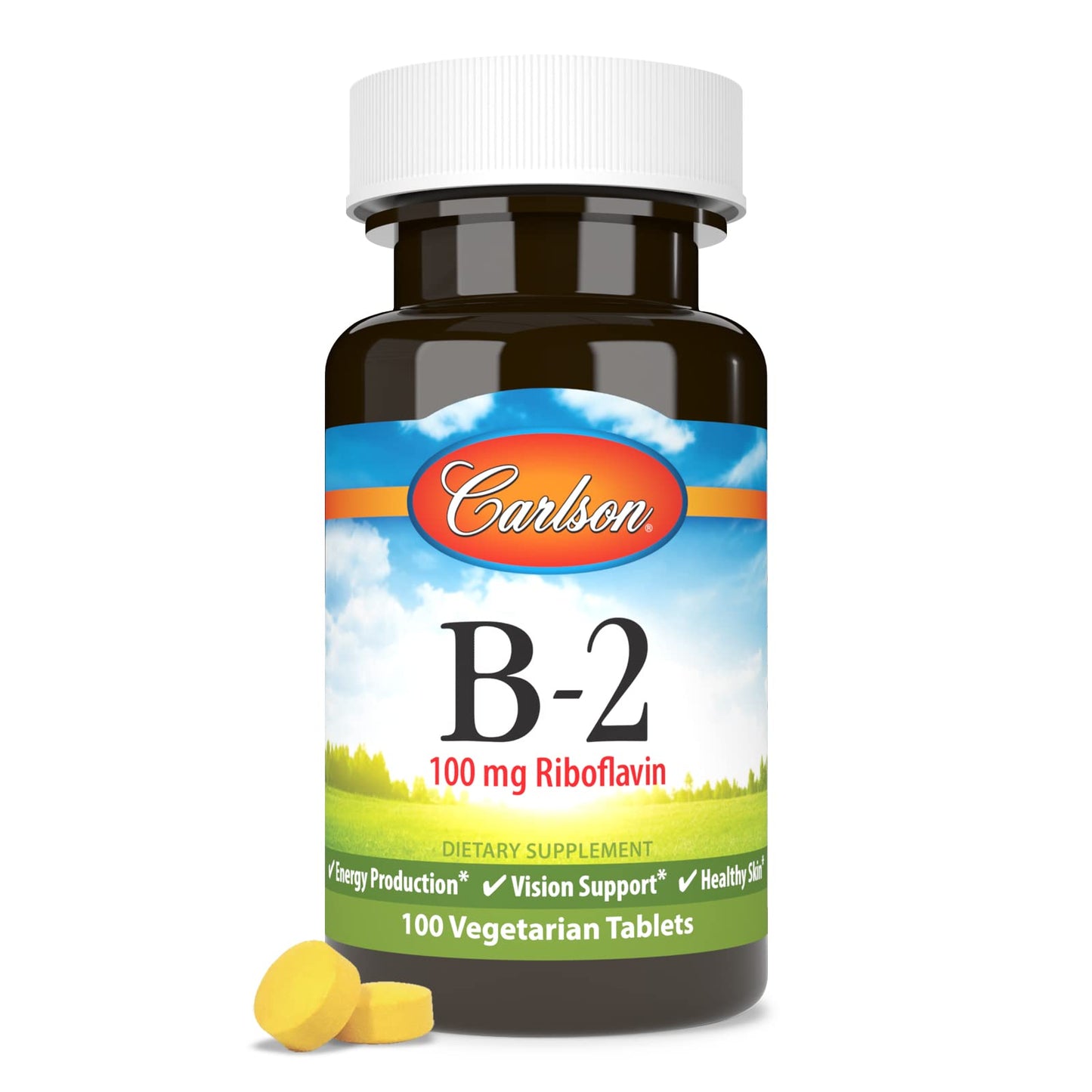 Close up of gluten free Carlson Vitamin B2 riboflavin tablets for healthy skin and eyes