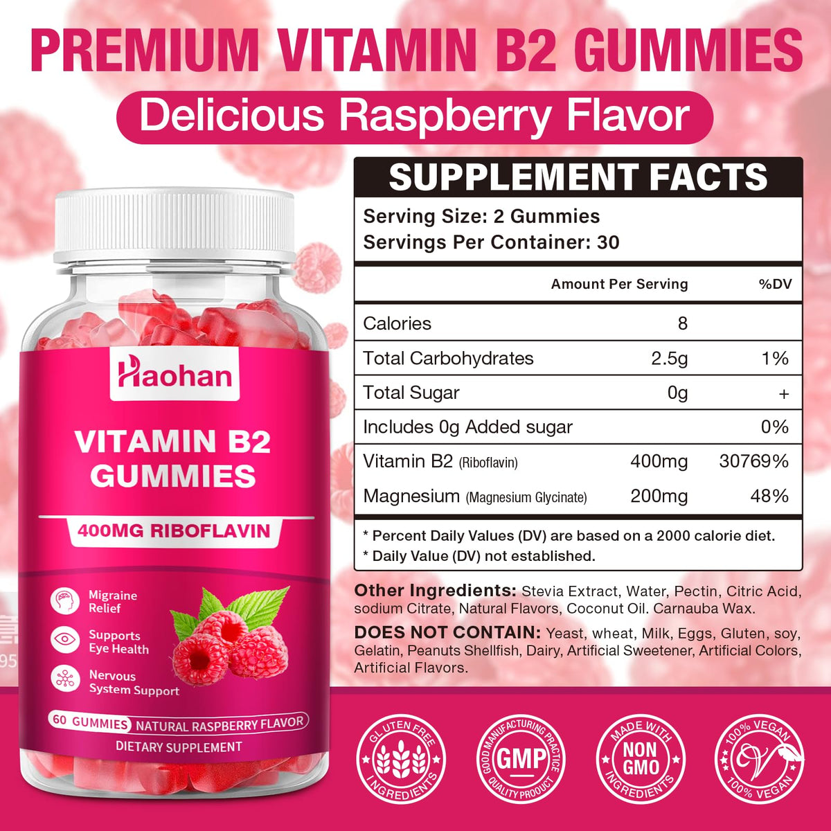 Haohan Riboflavin supplement showing nutrition facts and clean vegan sugar free ingredients label