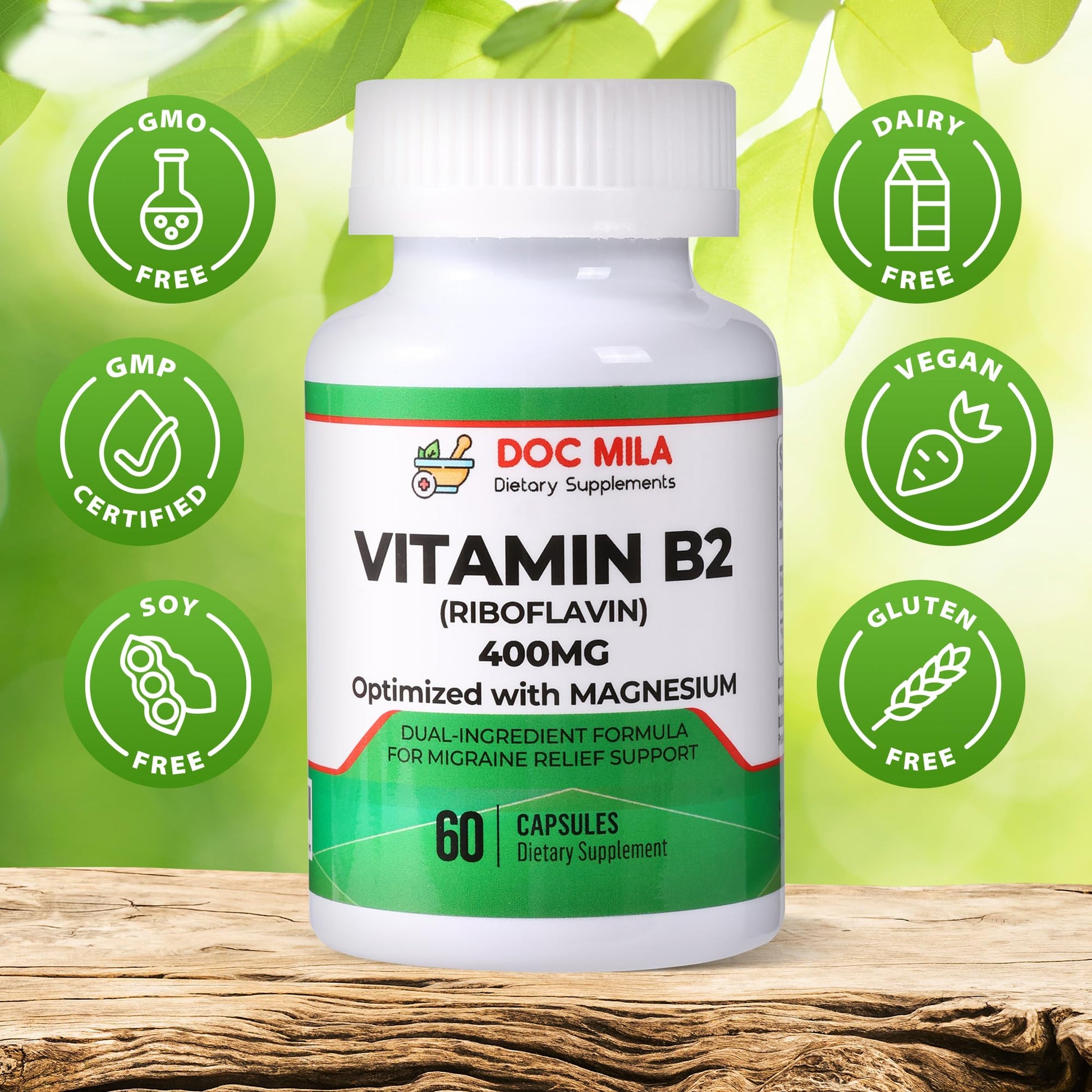 Doc Mila non-GMO gluten-free vegan vitamin B2 capsules dietary details