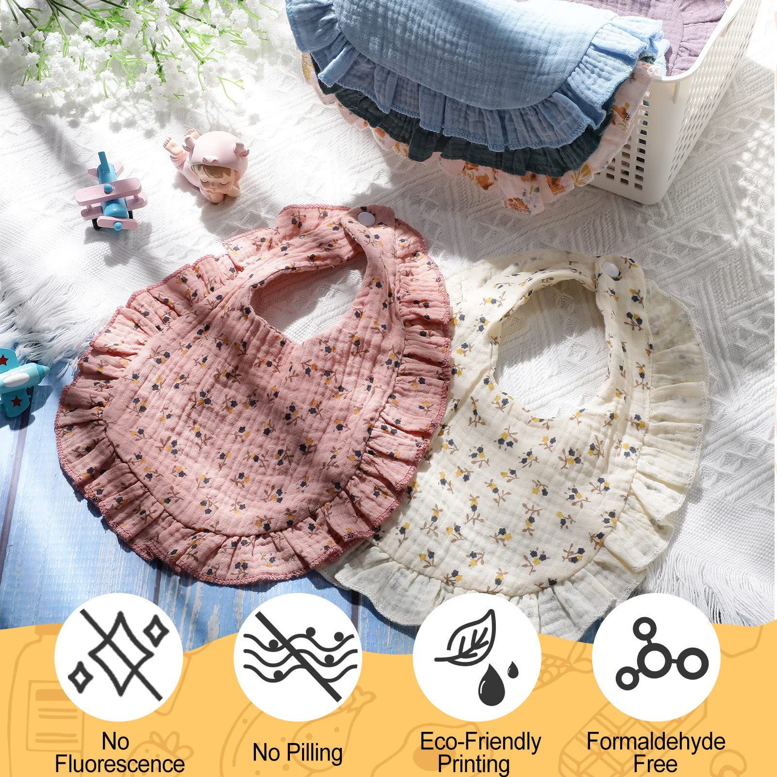 Folded Mepase muslin baby bibs demonstrating compact size
