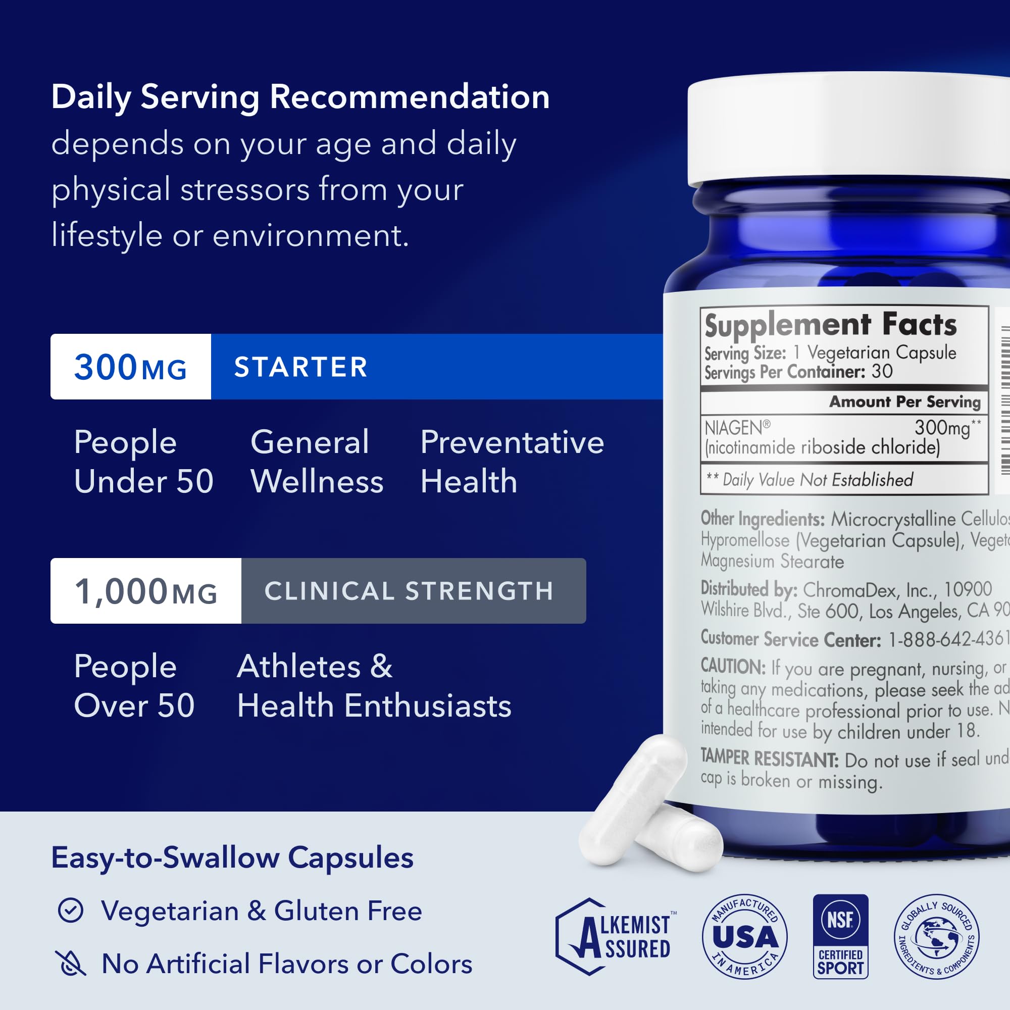 Tru Niagen nicotinamide riboside anti aging supplement nutritional information label side view