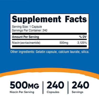 Nutricost Niacinamide 500mg flush free dietary supplement supplement facts label view