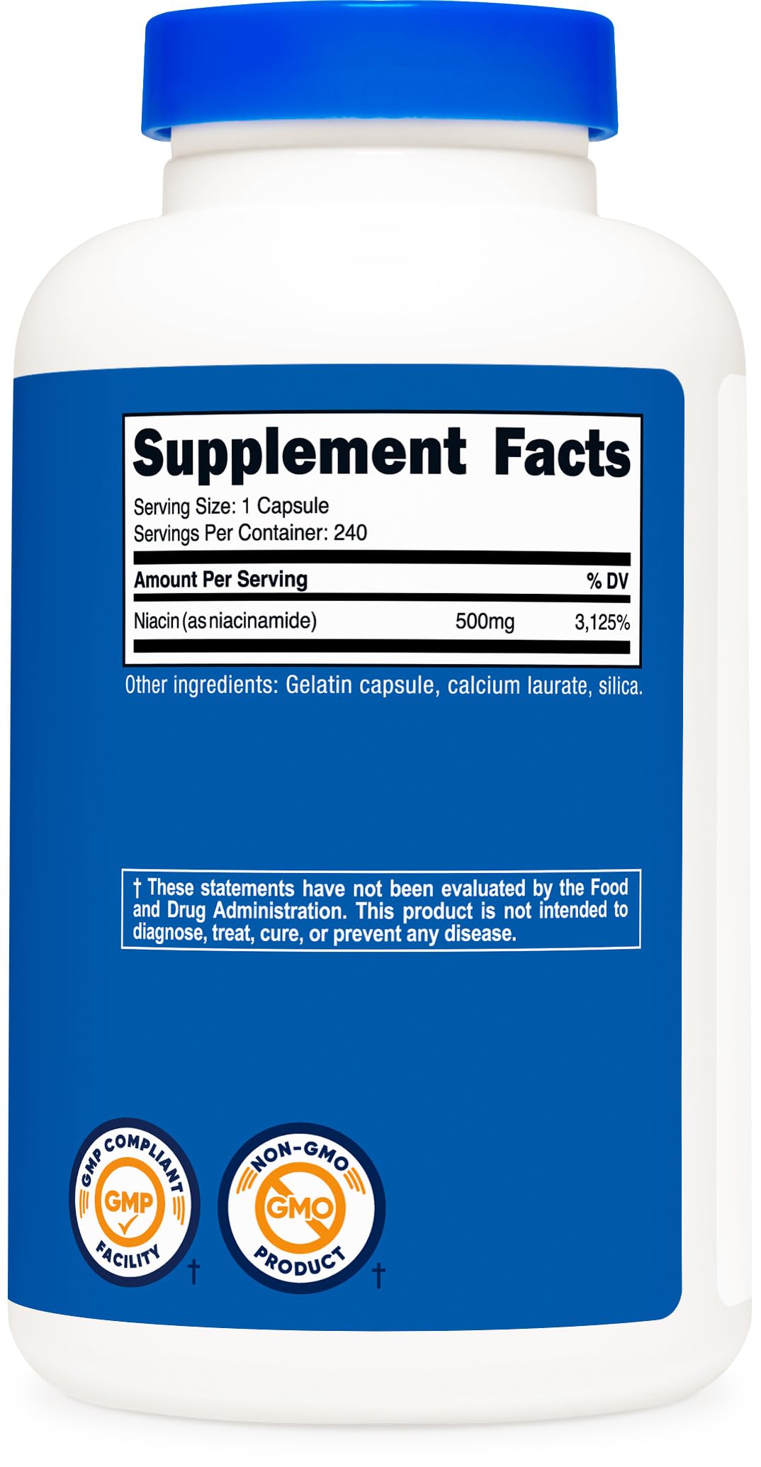 Nutricost Niacinamide 240 capsules container showing quality assurance certifications