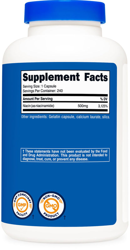 Nutricost Niacinamide 240 capsules container showing quality assurance certifications