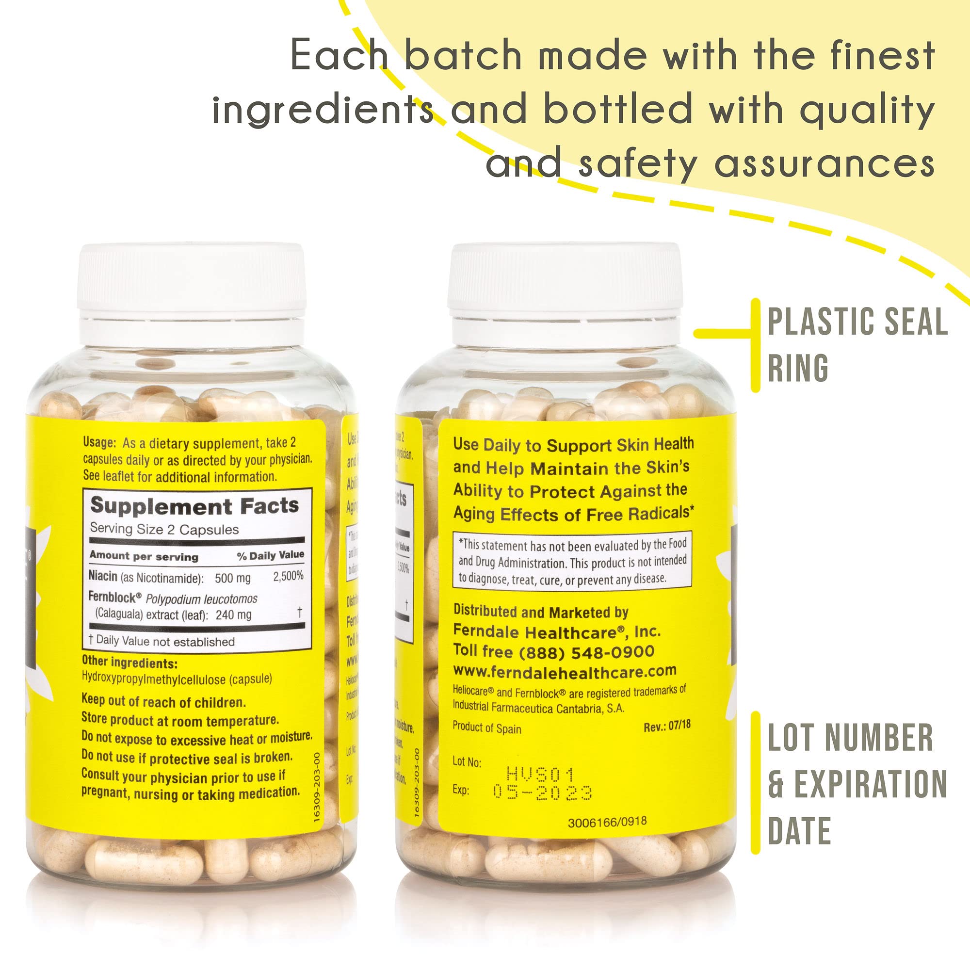 Heliocare Advanced Nicotinamide B3 supplement bottle displaying Fernblock technology and vegan capsule count