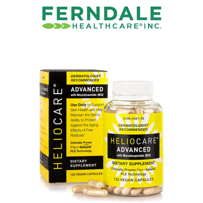 Side angle of Heliocare Advanced skin health dietary supplement highlighting the non flushing formula