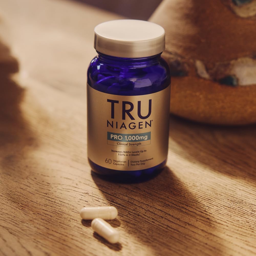 Clinical strength Tru Niagen Pro bottle emphasizing cognitive health and cell regeneration benefits