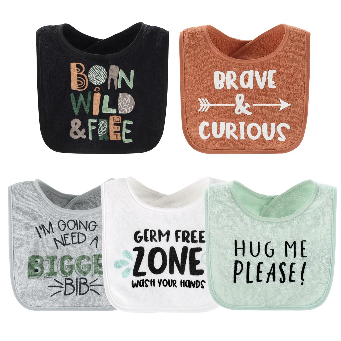 Dinosaur themed infant bibs collection in blue and green