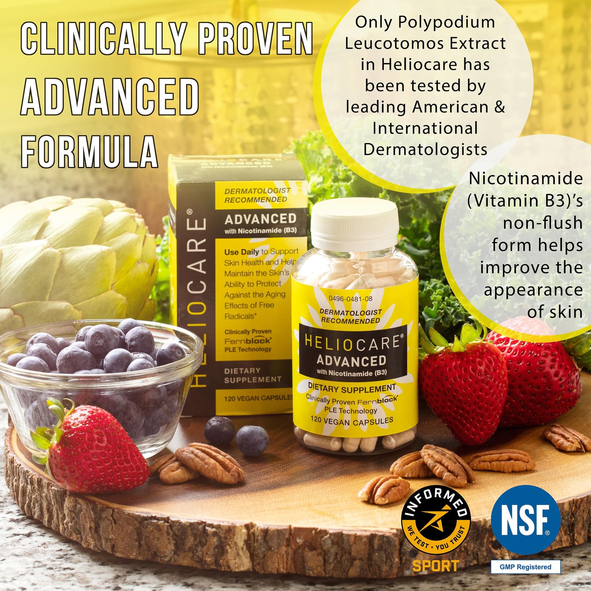 Heliocare Advanced Vitamin B3 supplement facts panel showing 500mg Nicotinamide and 240mg Fernblock details
