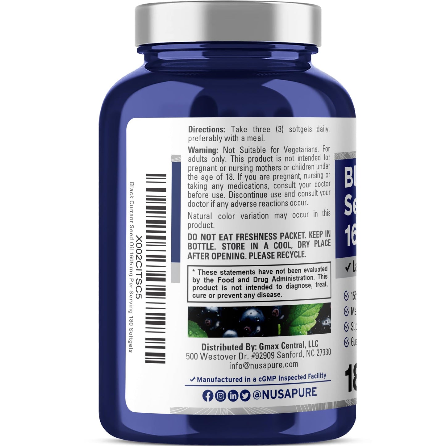 Close up of NusaPure Black Currant Seed Oil softgels