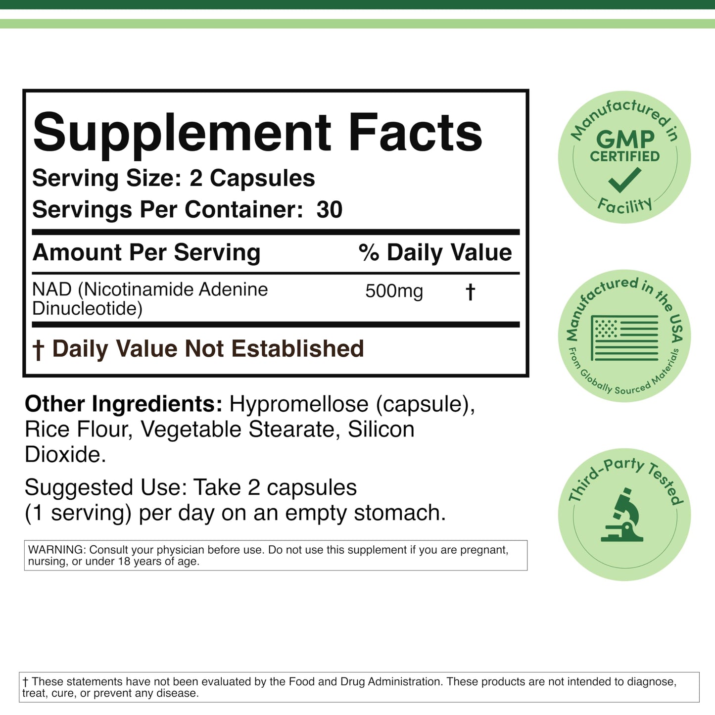 Double Wood Supplements NAD+ 60 capsules supplement facts panel