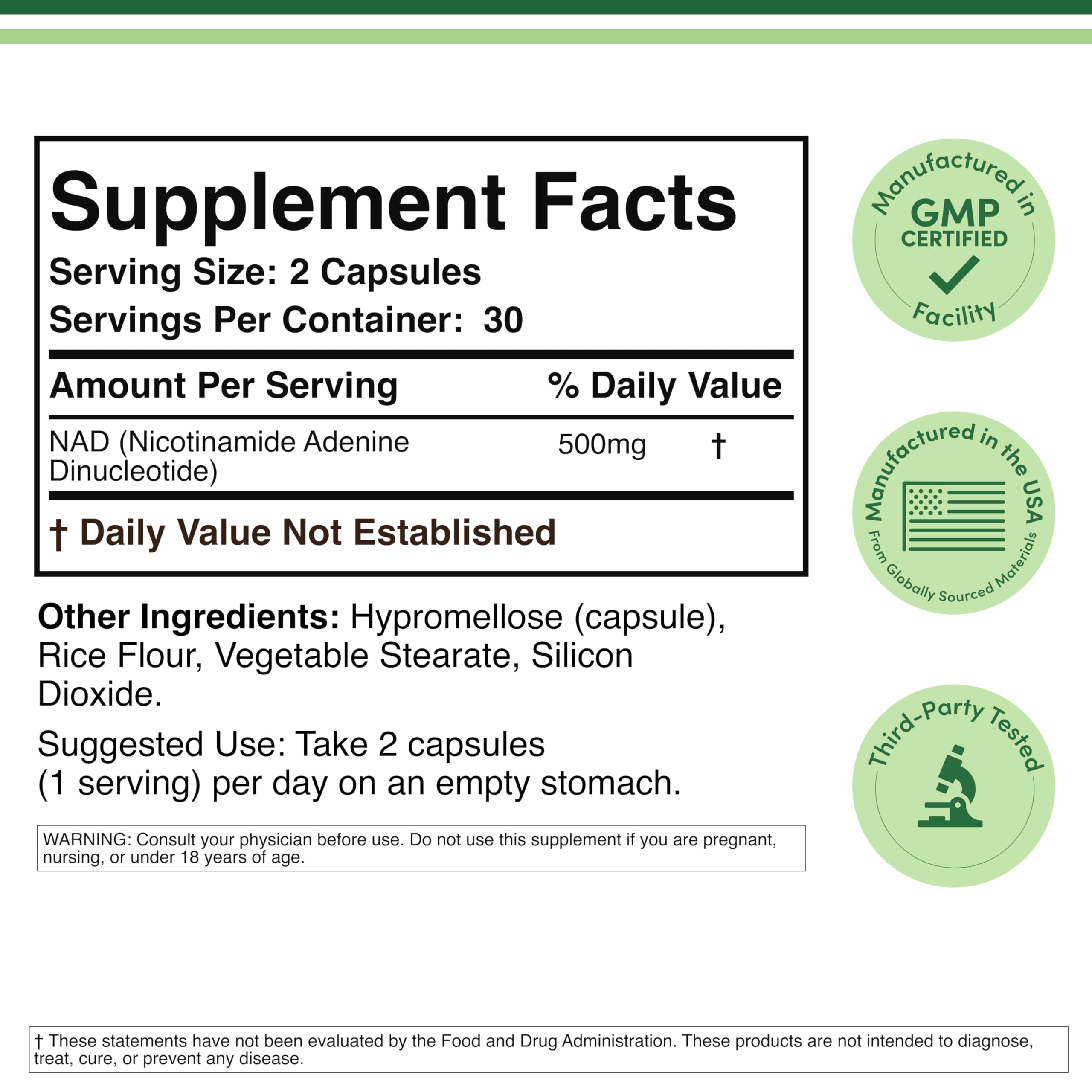 Double Wood Supplements NAD+ 60 capsules supplement facts panel