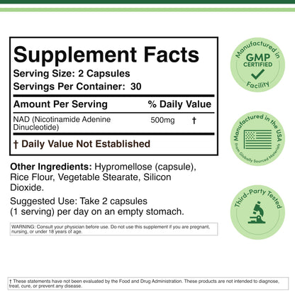 Double Wood Supplements NAD+ 60 capsules supplement facts panel