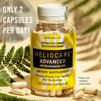 Close up of Heliocare Advanced 120 vegan capsules bottle with dermatologist recommended ingredients text