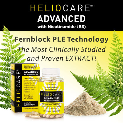 Authentic imported packaging of Heliocare Advanced Niacin B3 skincare supplement for daily cell protection