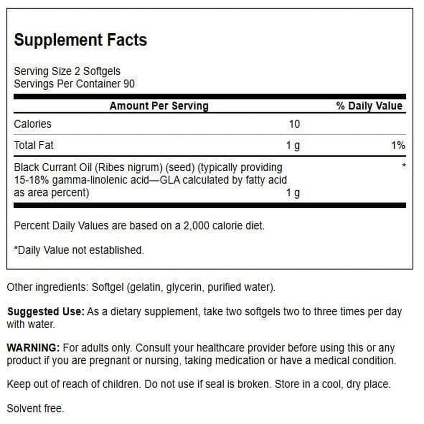Swanson black currant oil supplement bottle label details