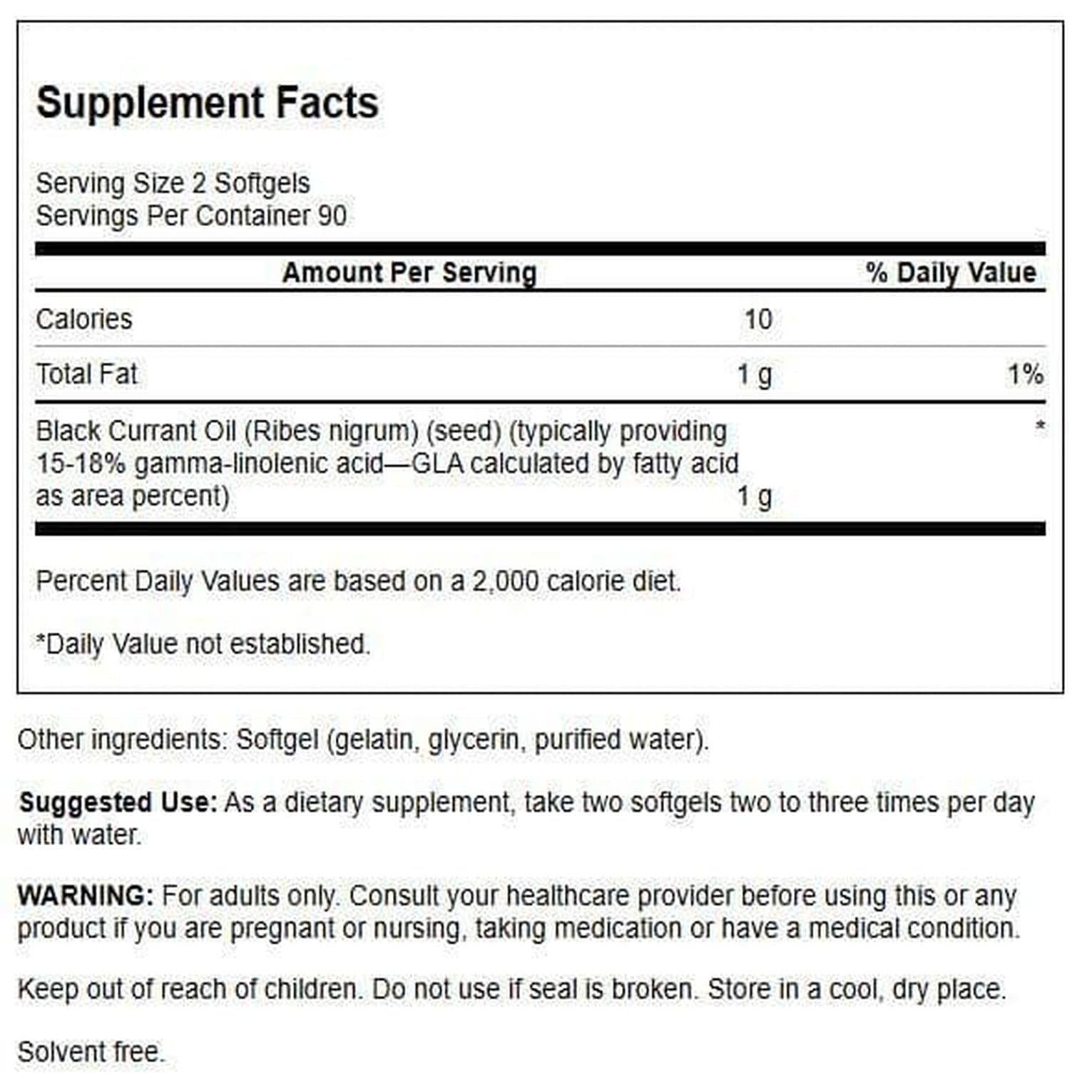 Swanson black currant oil supplement bottle label details