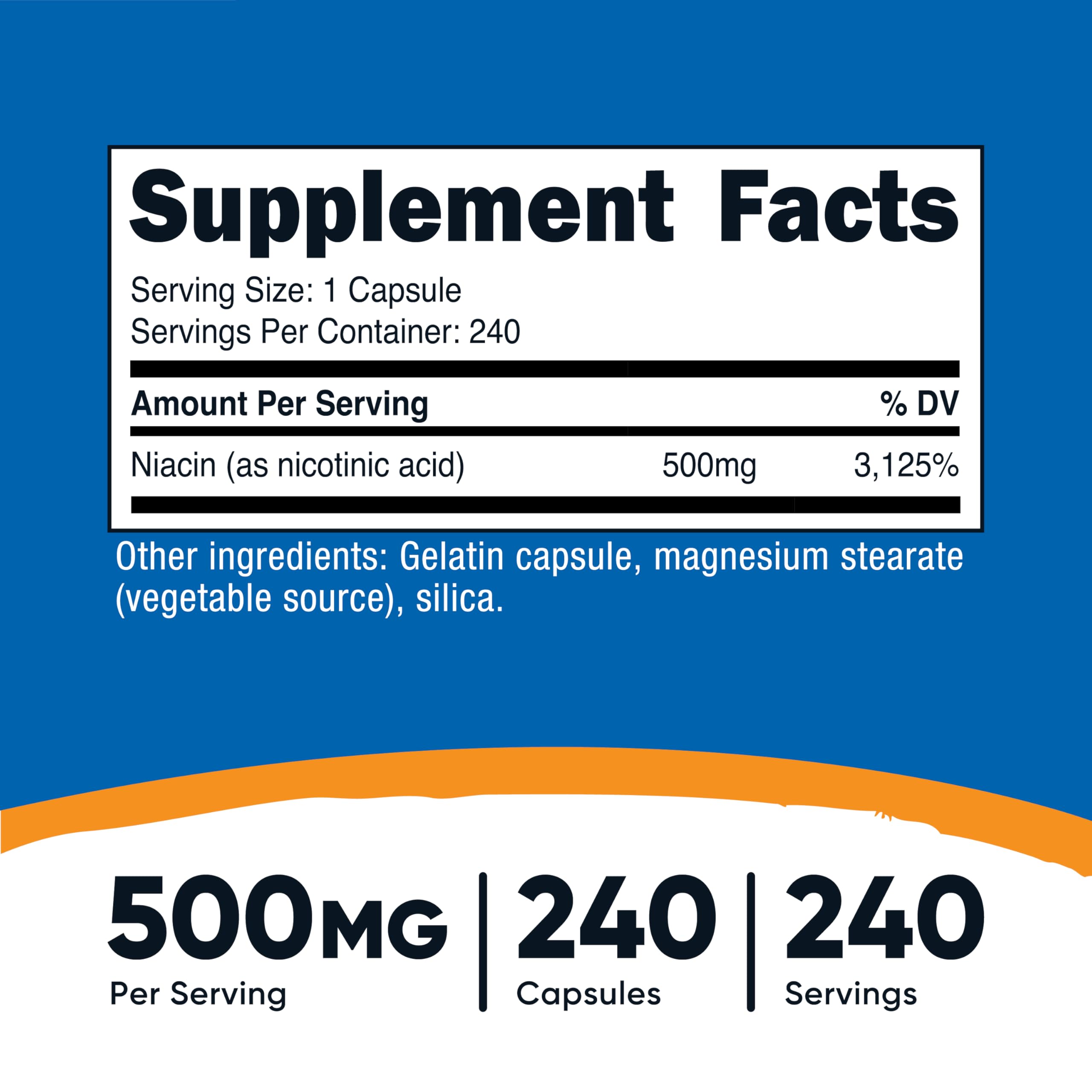 Nutricost Vitamin B3 dietary supplement facts panel showing 500 milligrams nicotinic acid per capsule