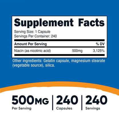 Nutricost Vitamin B3 dietary supplement facts panel showing 500 milligrams nicotinic acid per capsule