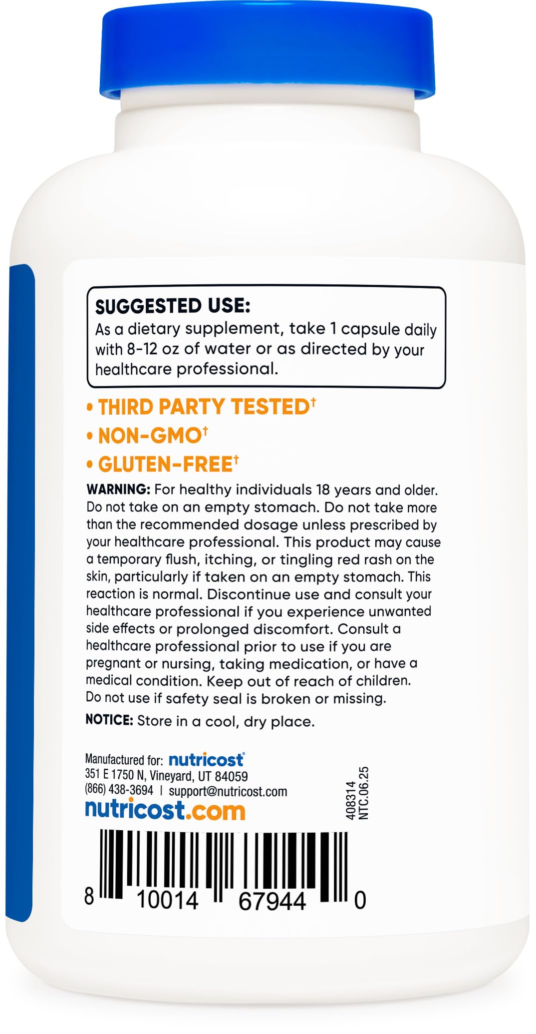 Authentic USA imported Nutricost Niacin capsules premium packaging showing third-party tested label