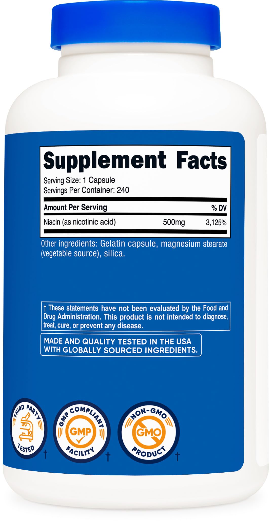 Nutricost Niacin 240 capsules bottle displaying directions for use and health warnings