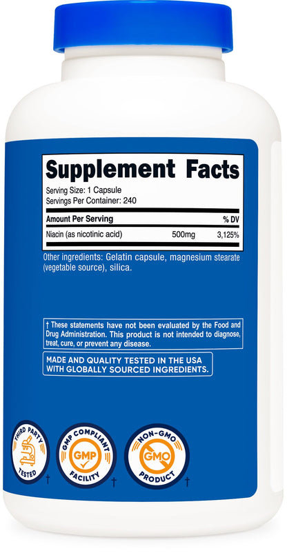 Nutricost Niacin 240 capsules bottle displaying directions for use and health warnings