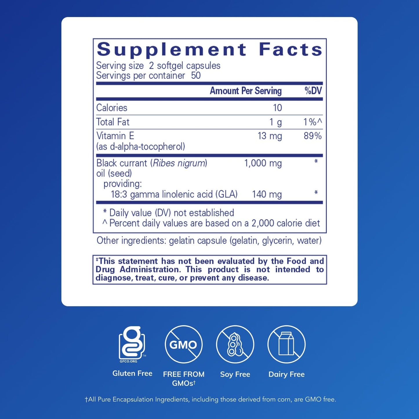 Pure Encapsulations Black Currant Seed Oil supplement label details