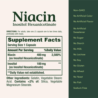 Close-up of premium flush-free niacin capsules from Nature's Bounty.