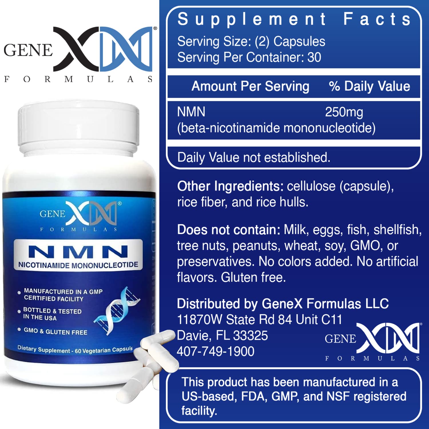 Genex Formulas 99 percent pure stabilized NMN capsule details and manufacturing certifications