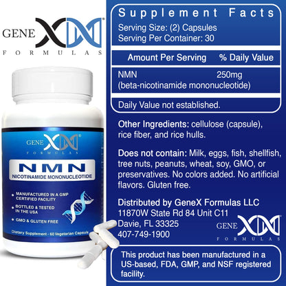 Genex Formulas 99 percent pure stabilized NMN capsule details and manufacturing certifications
